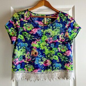 Primi Neon Green Pink Blue Floral Crochet Hem SS Top